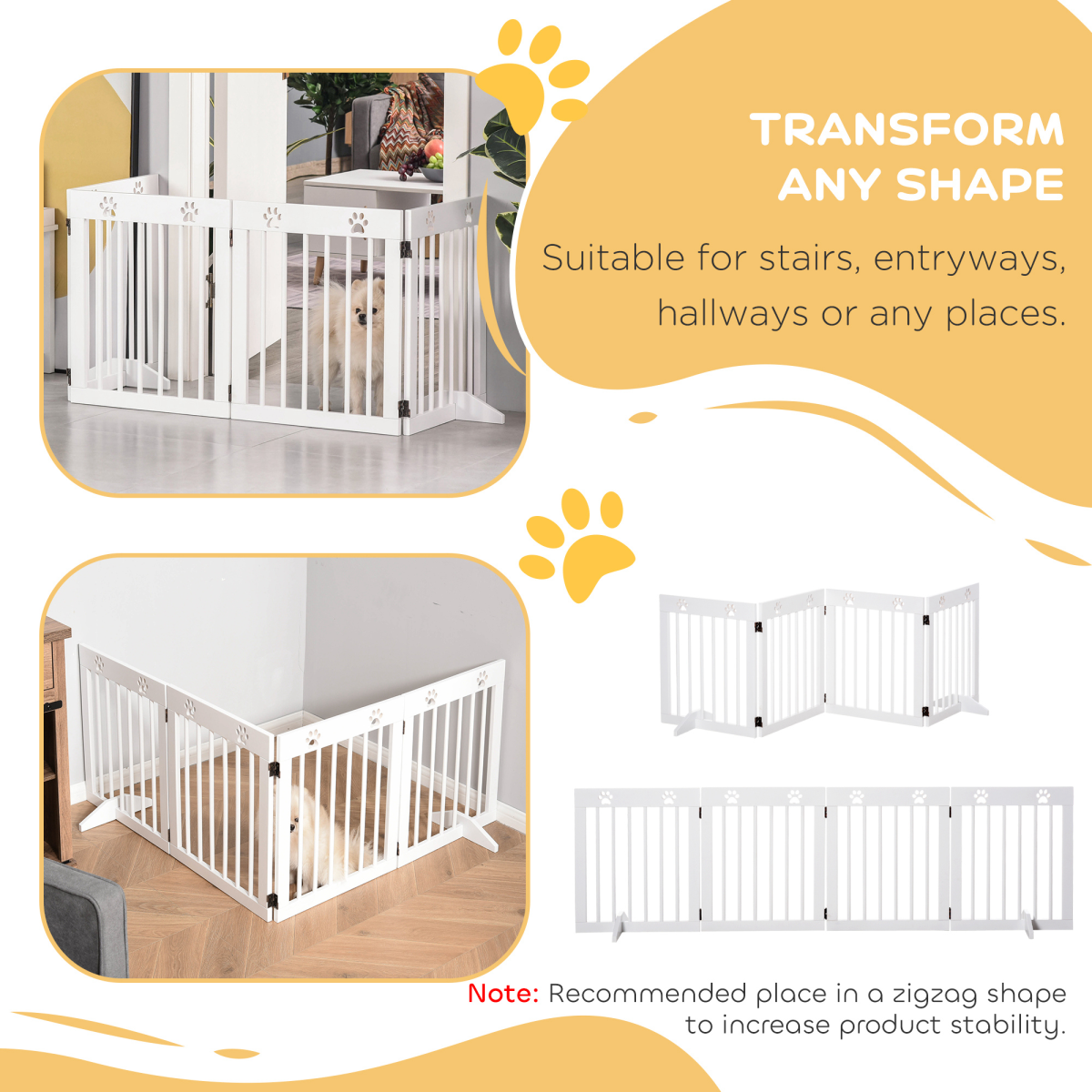 PawHut Freestanding 4-Panel Folding Wooden Pet Gate with Support Feet for Small Dogs