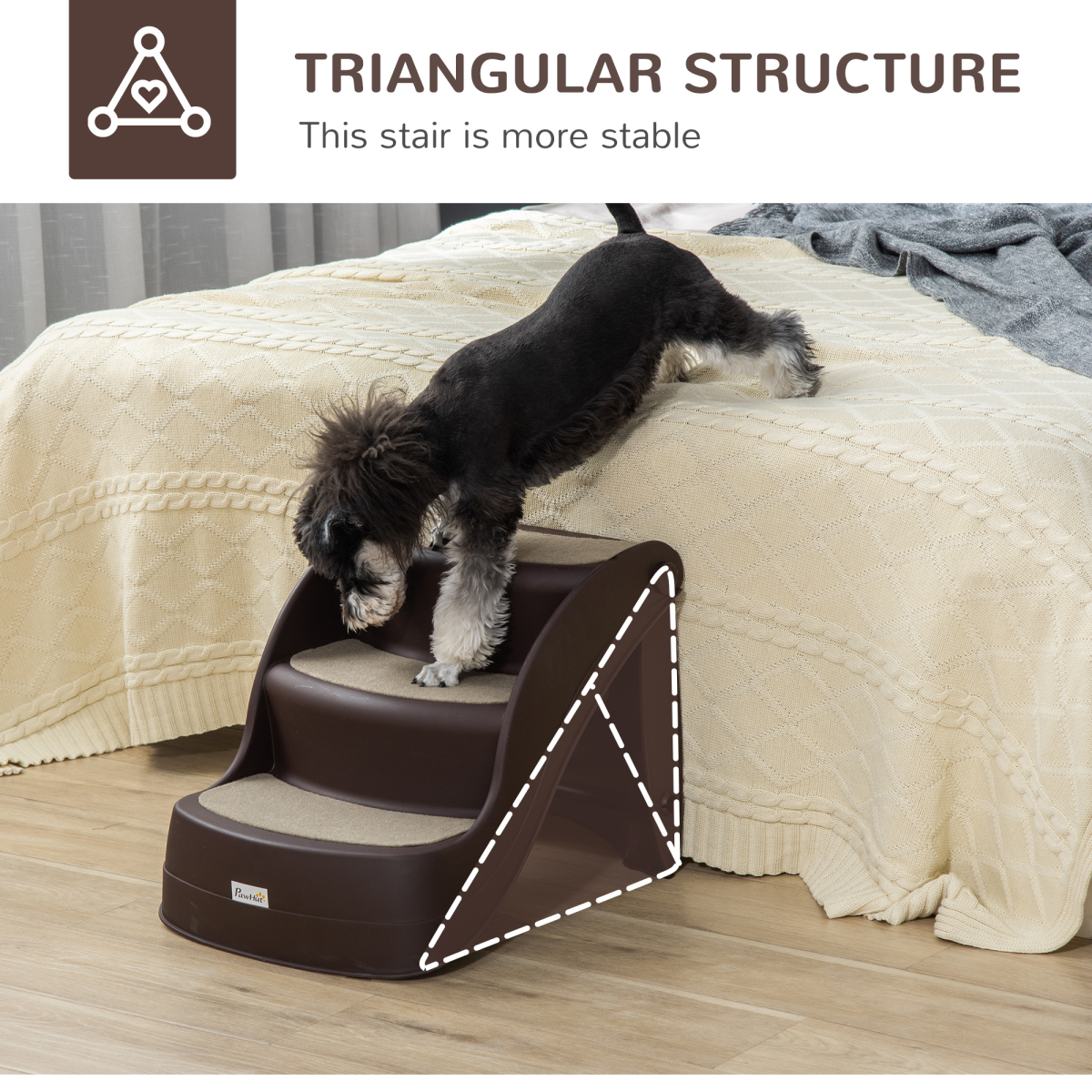 Portable 3-Step Non-Slip Pet Stairs for Dogs and Cats, Foldable, for Beds and Sofas, Brown