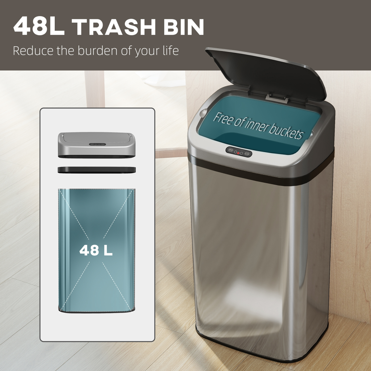 HOMCOM 48L Stainless Steel Sensor Bin, Touch-Free Automatic Lid
