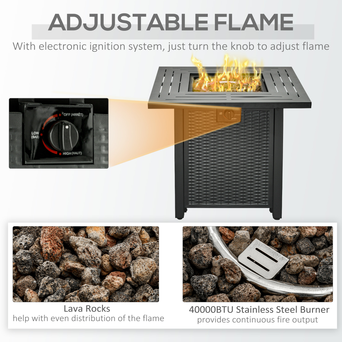 Outsunny Square Propane Gas Fire Pit Table, 40000 BTU Stainless Steel Burner, Pulse Ignition, Lava Rocks, Lid, Rattan Patio Heater