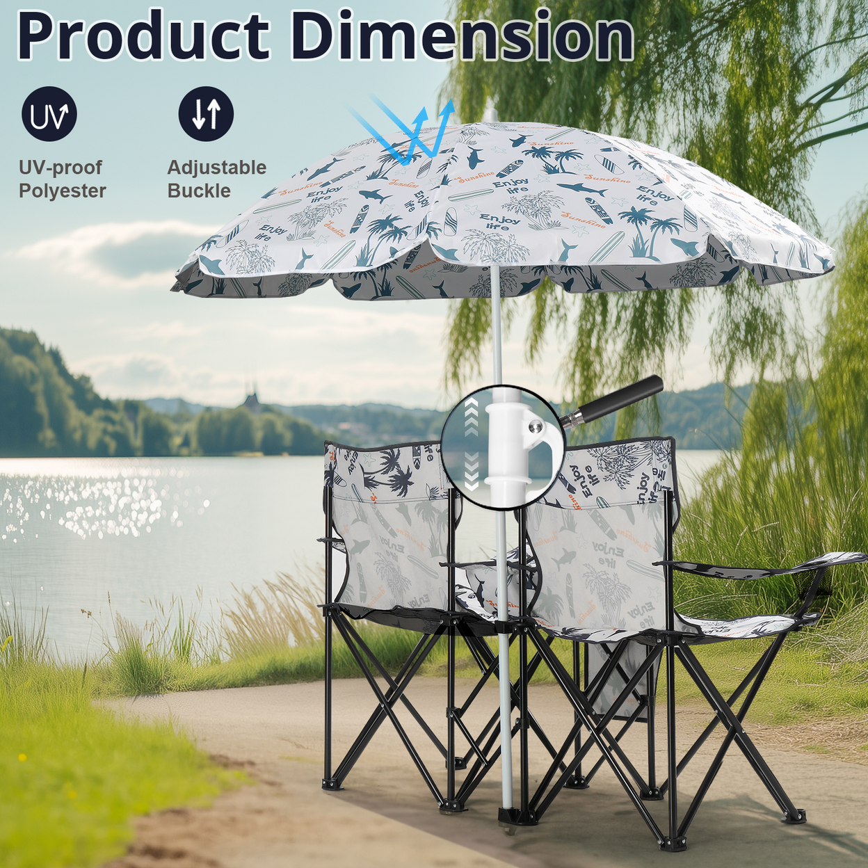 Portable Outdoor 2-Seat Folding Chair w/ Removable Sun Umbrella Coconut Tree (HTML)