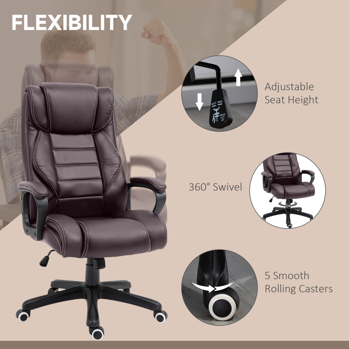 High Back PU Leather 6-Point Vibration Massage Executive Office Chair, Brown