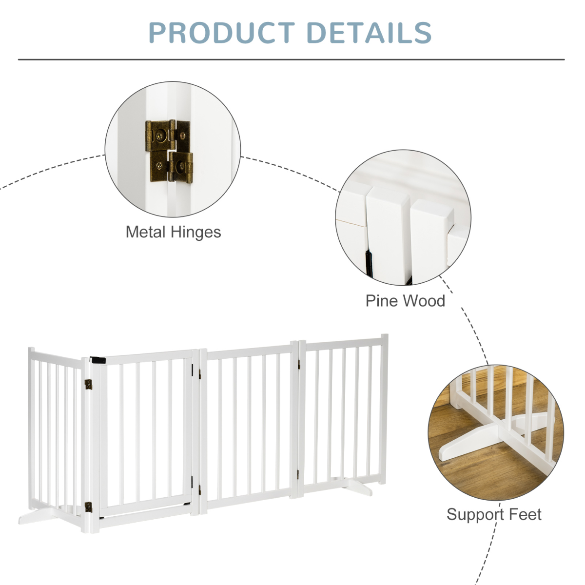 Freestanding Wooden Pet Gate with Lock and 2 Support Feet for Doorways and Stairs, White