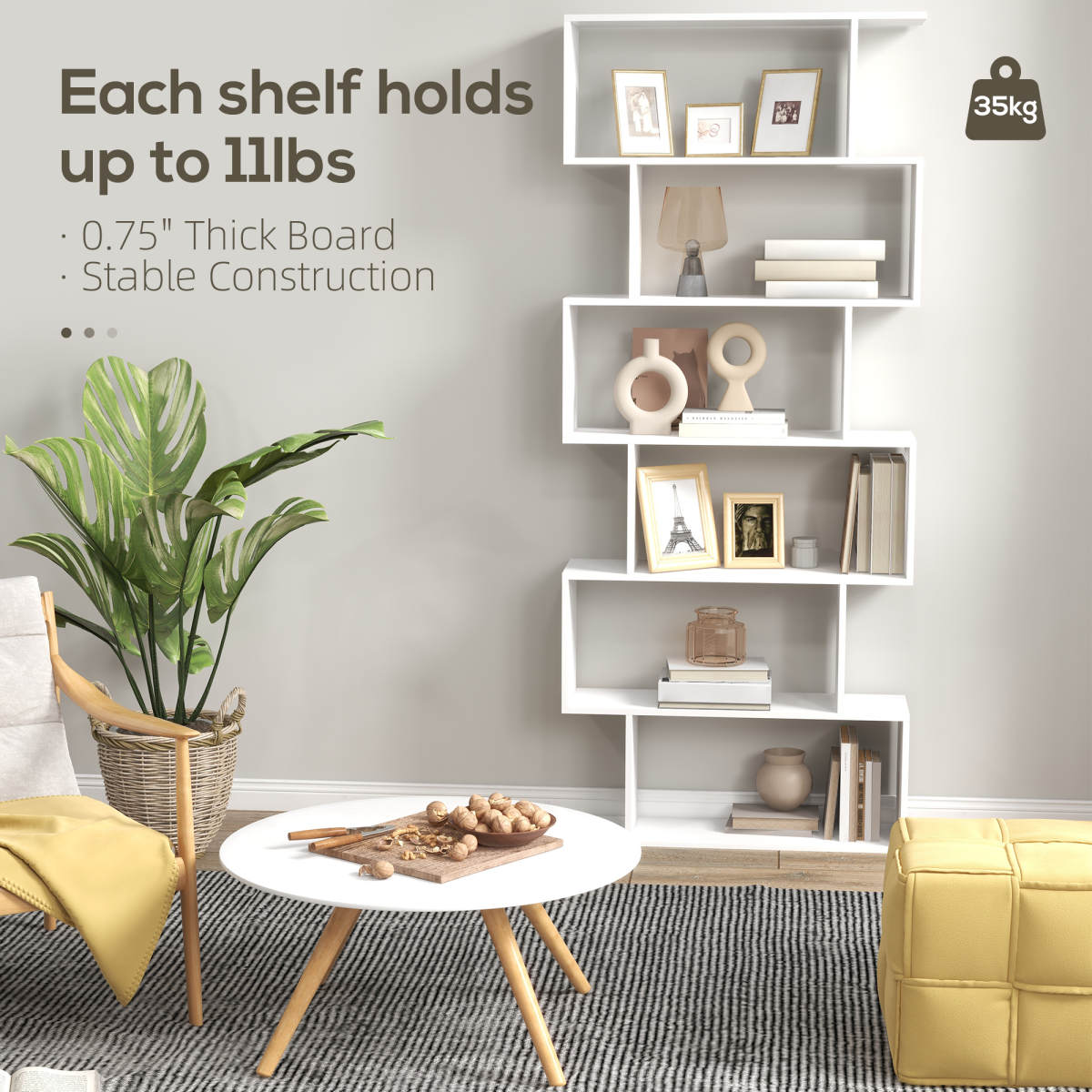 HOMCOM White 6-Tier Asymmetrical S-Shaped Particle Board Shelving Unit