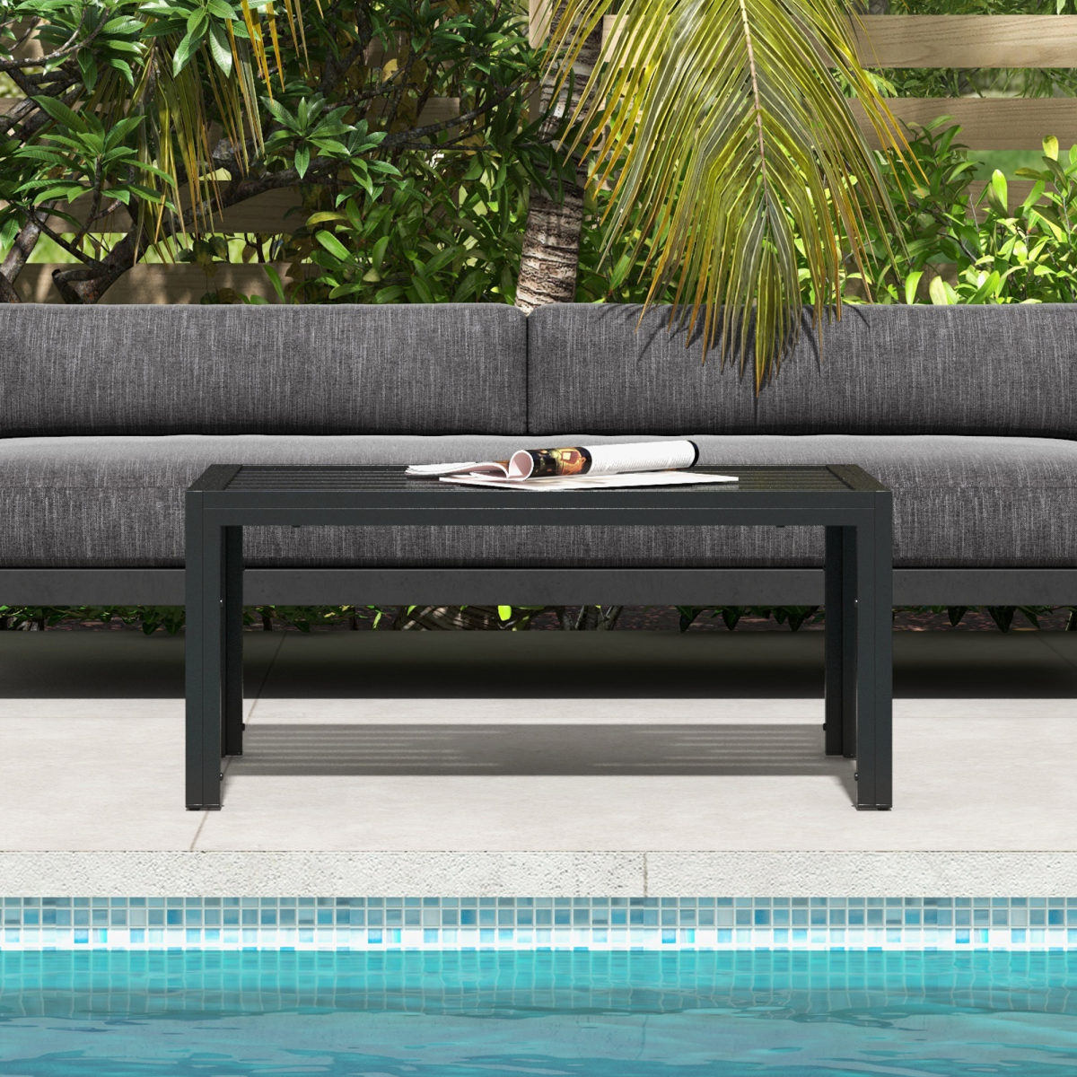 Outsunny Outdoor Side Table with Galvanised Steel Frame and Slatted Top, Black