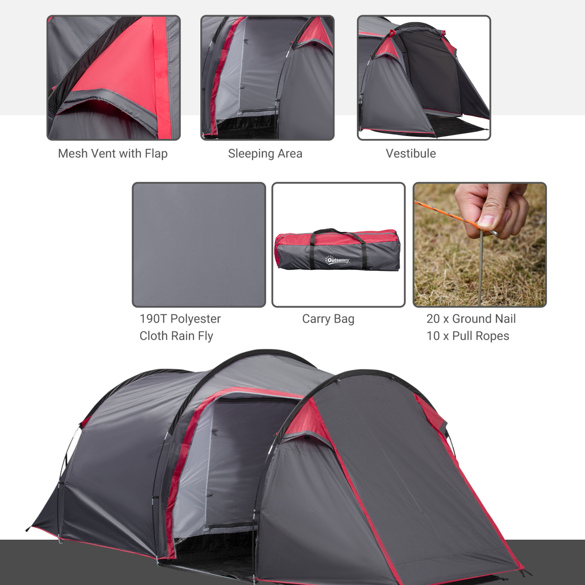 3 Man Camping Tent with 2 Rooms, Porch, Mesh Vents, Waterproof
