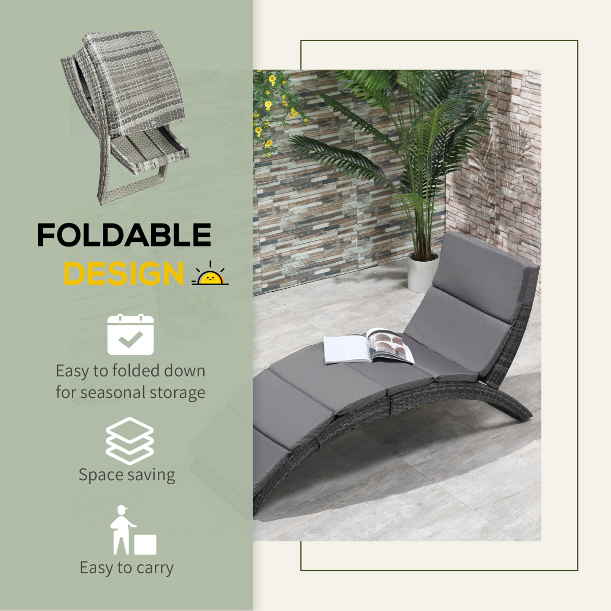 Garden Patio Rattan Wicker Folding Sun Lounger Cushion Grey
