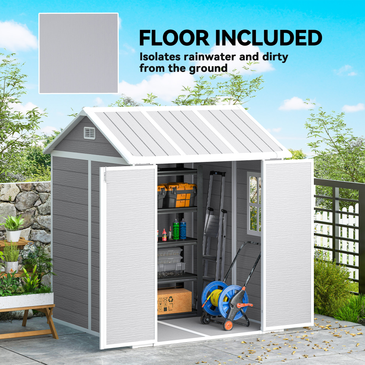 Outsunny 6 x 6ft Grey Plastic Garden Shed with Floor, Window & Vents