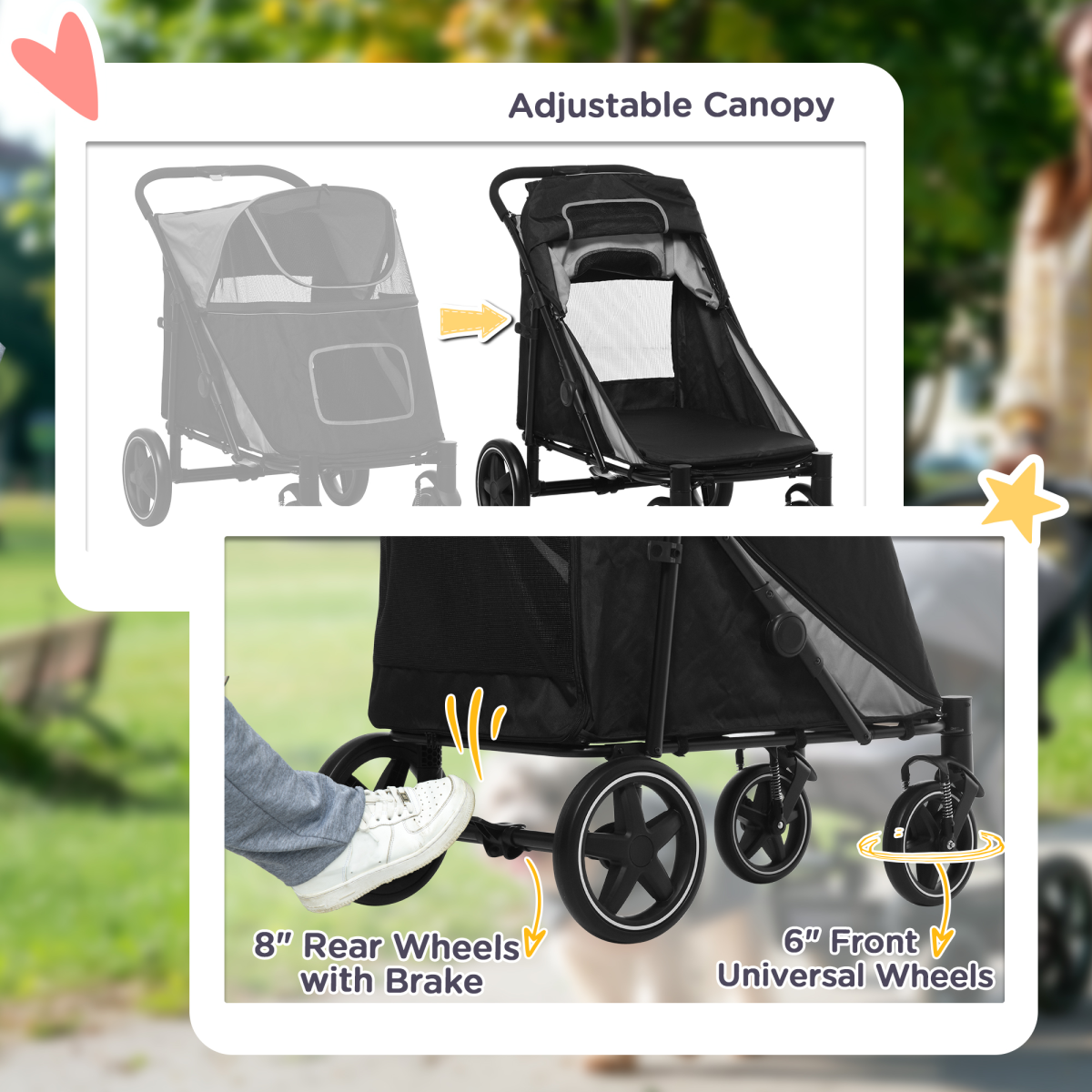 PawHut Foldable Dog Pram with Universal Front EVA Wheels, Safety Leashes, Steel Frame, Grey and Black