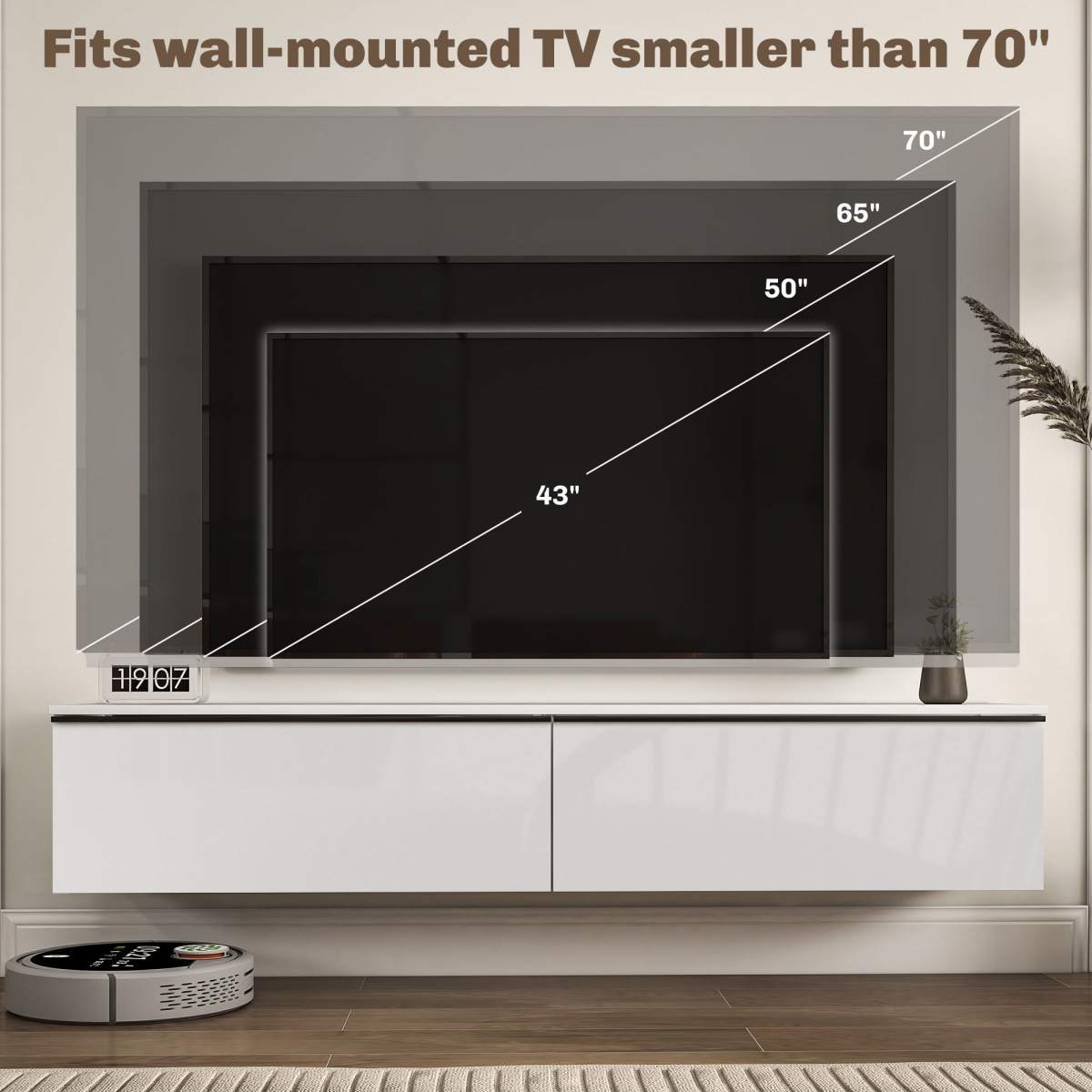 HOMCOM Wall Mounted Floating TV Stand with 2 Cupboards, White, for TVs up to 70