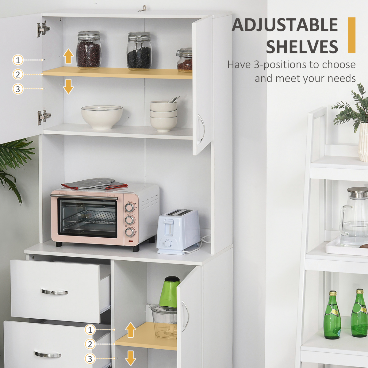 White Kitchen Storage Cabinet with 3 Drawers, 2 Cupboards and Open Shelf, Wooden Cupboard Organizer Furniture