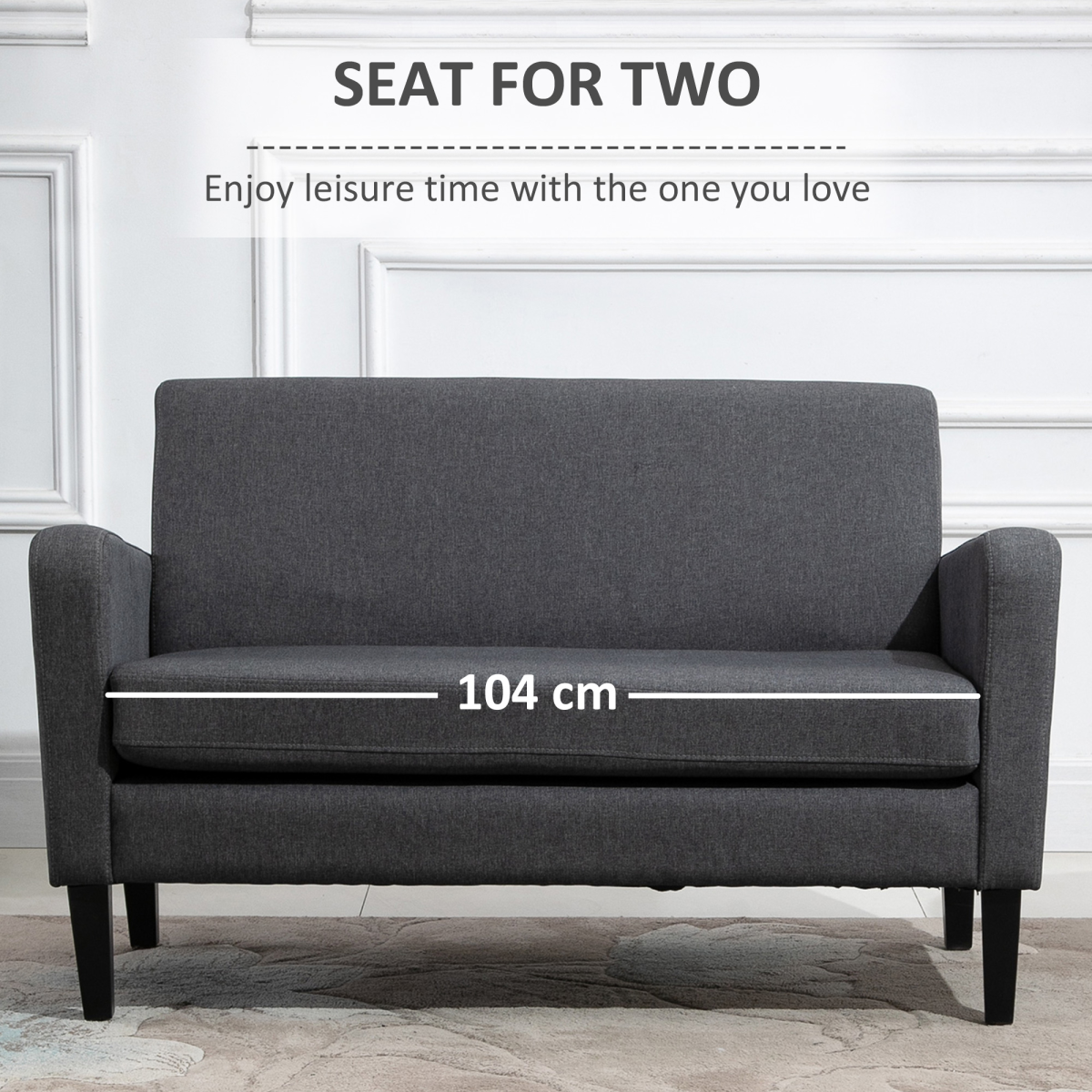 HOMCOM Grey Linen-Look 2-Seater Loveseat with Curved Arms, Slanted Back, Thick Cushion, Wood Legs