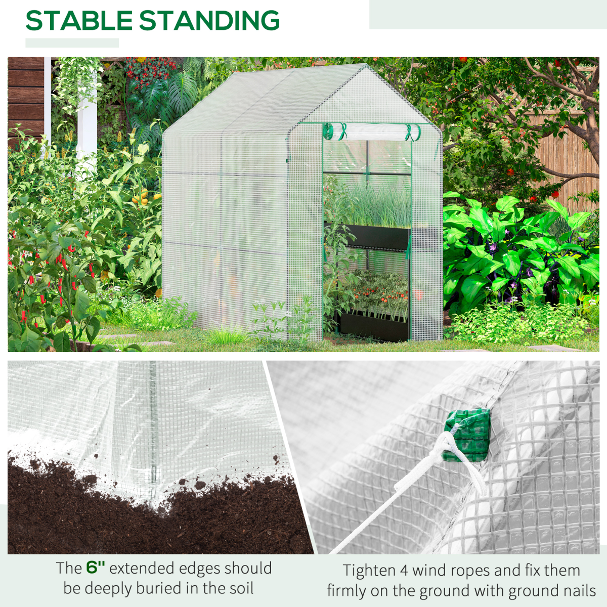 Outsunny Walk-In Garden Greenhouse with 4 Wire Shelves, Steel Frame, Roll-Up Door, 186L x 120W x 190Hcm, White