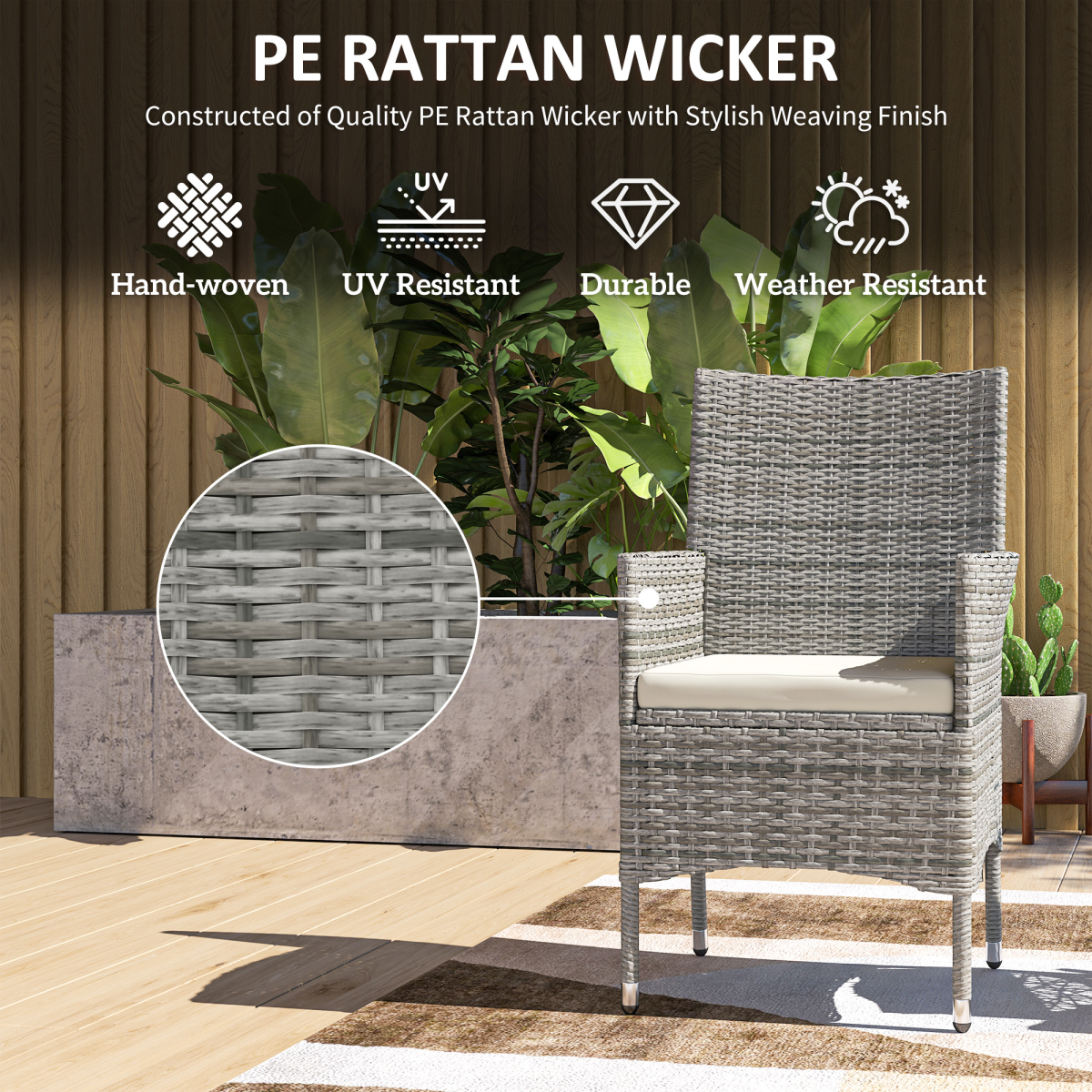Outsunny Set of 2 Rattan Garden Armchairs with Cushions, Mixed Grey