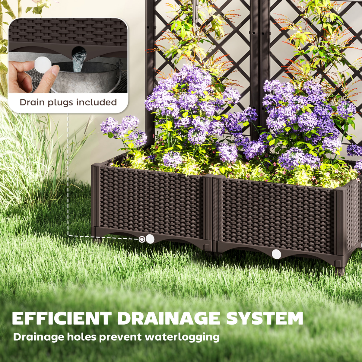 Outsunny Brown PP Planter Box with Trellis and Drain Plugs