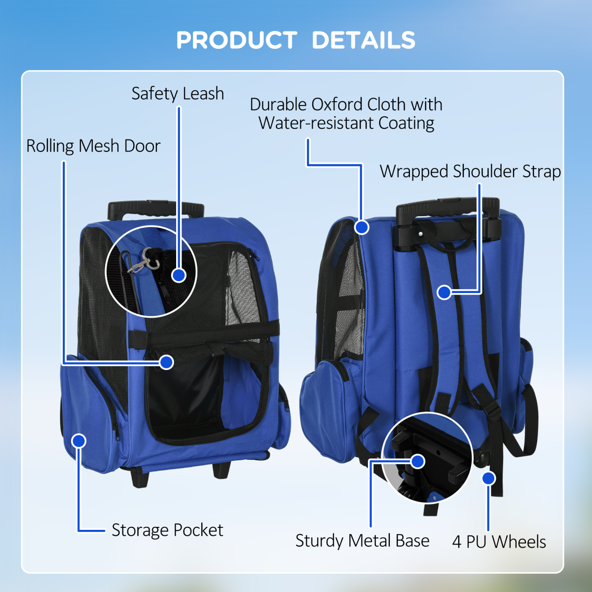 PawHut 2-in-1 Pet Travel Backpack Trolley Carrier with Detachable Wheels and Adjustable Pull Rod