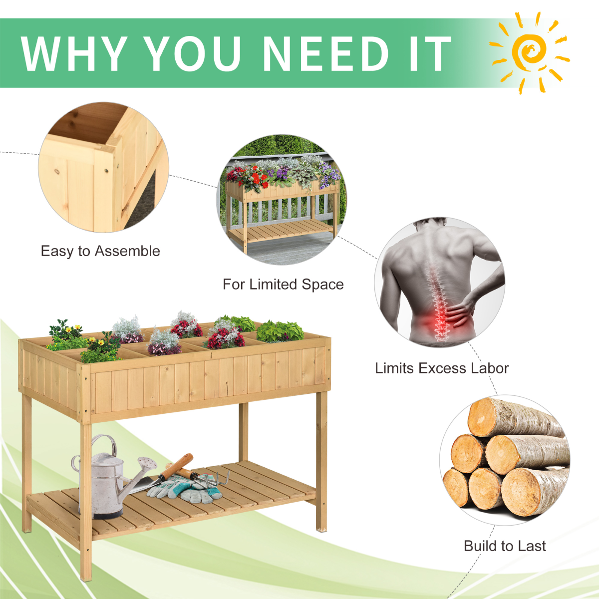 Outsunny Fir Wood 8-Compartment Raised Plant Stand with Shelf