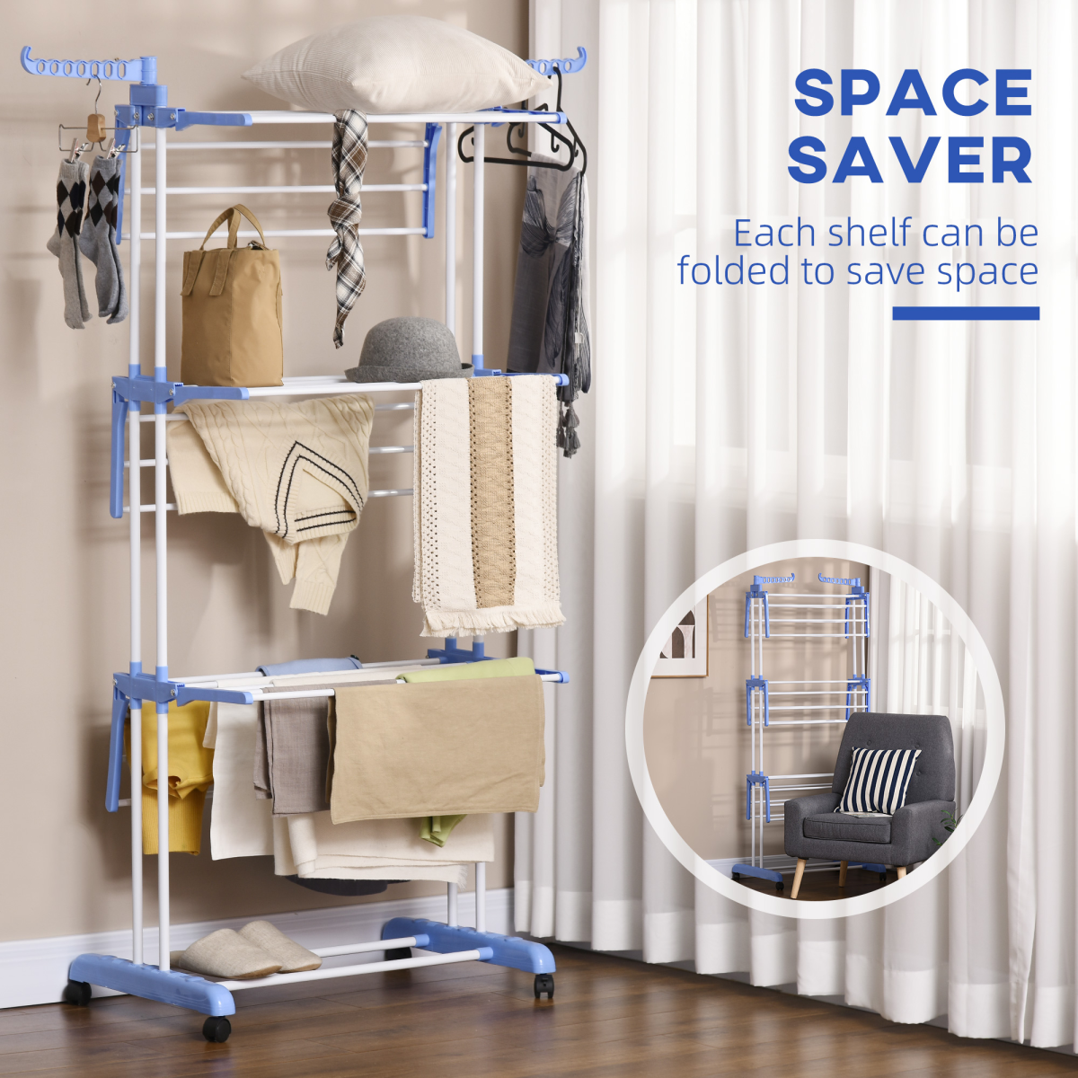 HOMCOM 3-Tier Foldable Steel Clothes Drying Rack with Wheels, Blue