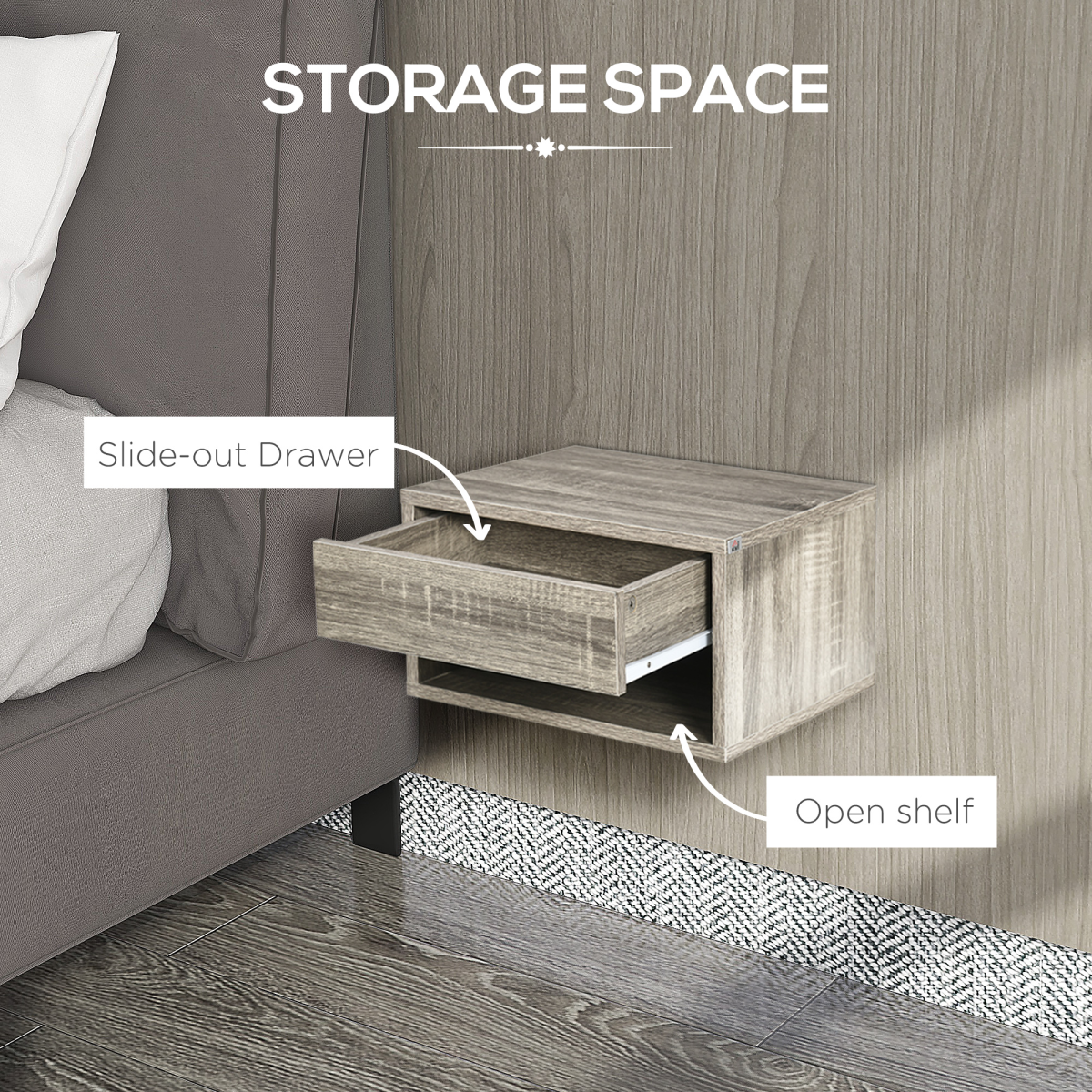 HOMCOM Floating Wall Mounted Bedside Tables, Set of 2, Brown