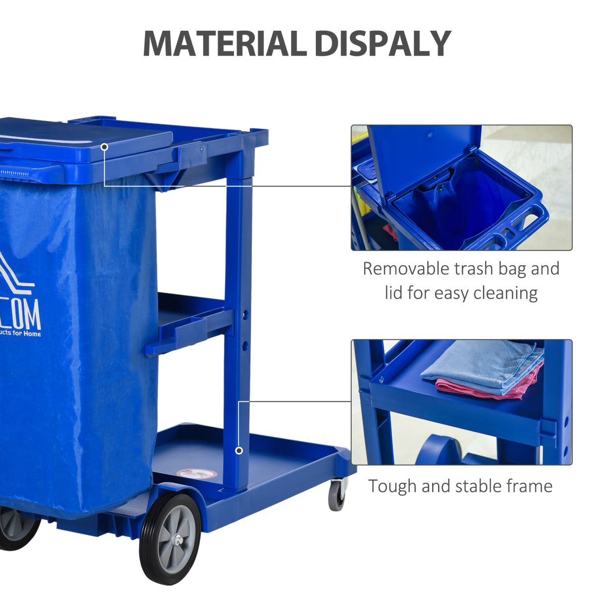 HOMCOM Cleaning Cart on Wheels with 3-Tier Storage, Blue