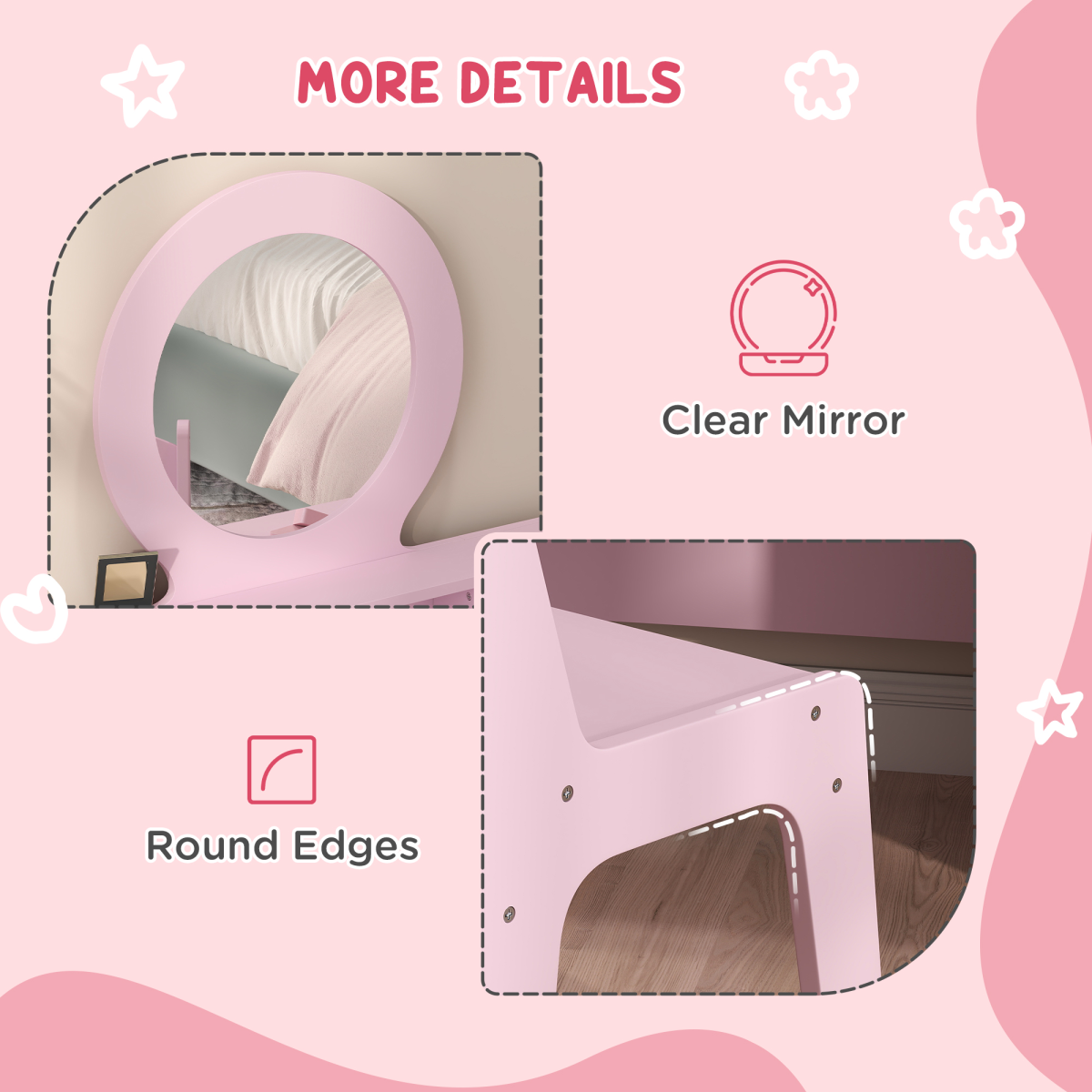 AIYAPLAY Pink Kids Vanity Table and Stool Set with Mirror, 4 Drawers