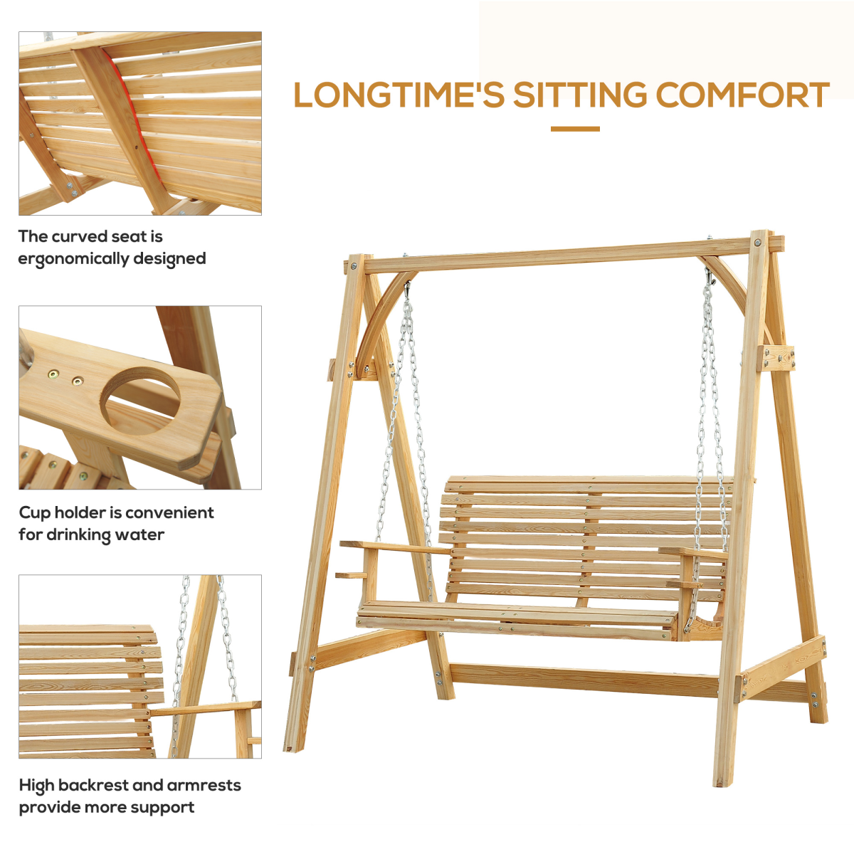 Outsunny 2-Seater Larch Wood Garden Swing Bench with Cup Trays