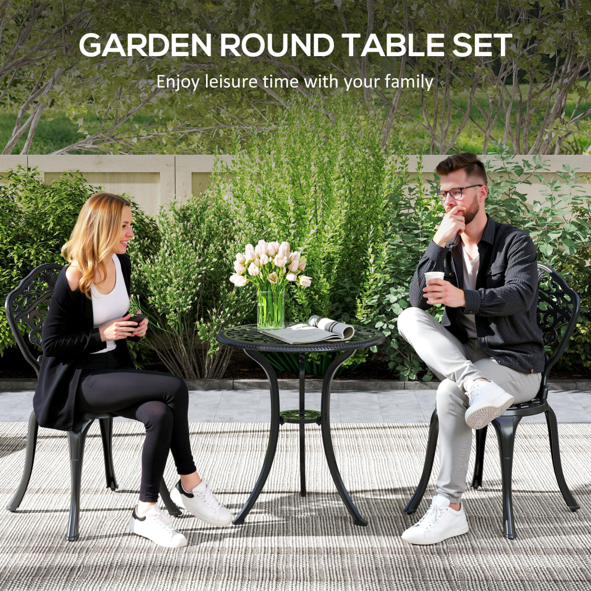Outsunny 3-Piece Cast Aluminium Bistro Set with Parasol Hole, Black