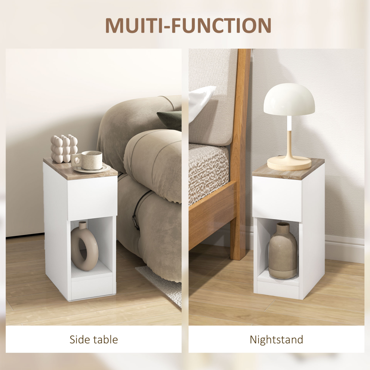 HOMCOM Set of 2 Bedside Tables with Drawer and Shelf, White