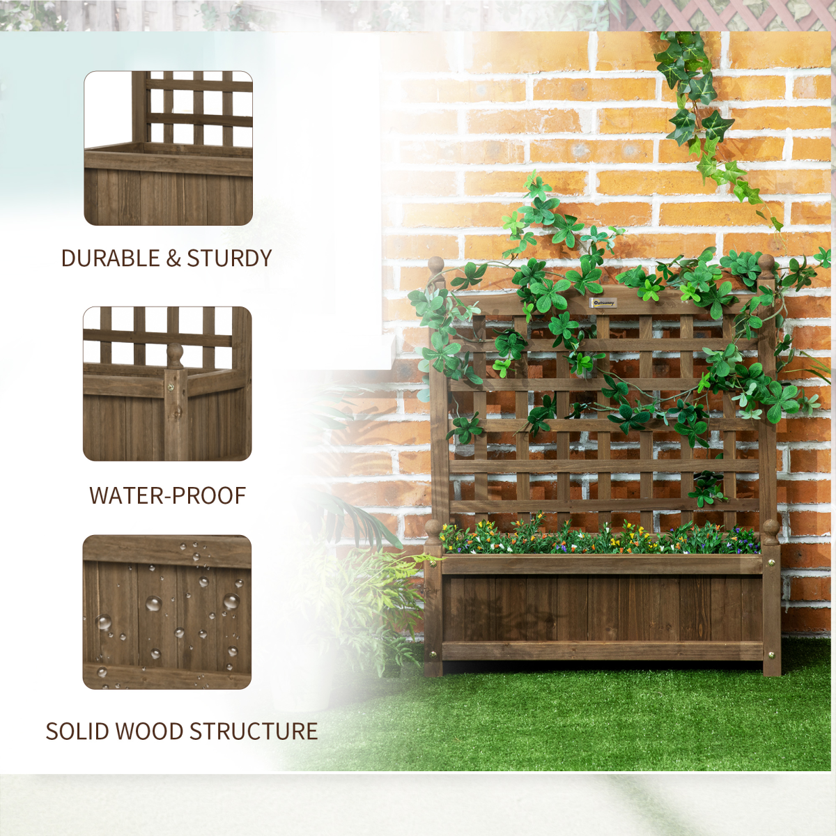 Outsunny Garden Planter Box with Trellis, Freestanding Brown