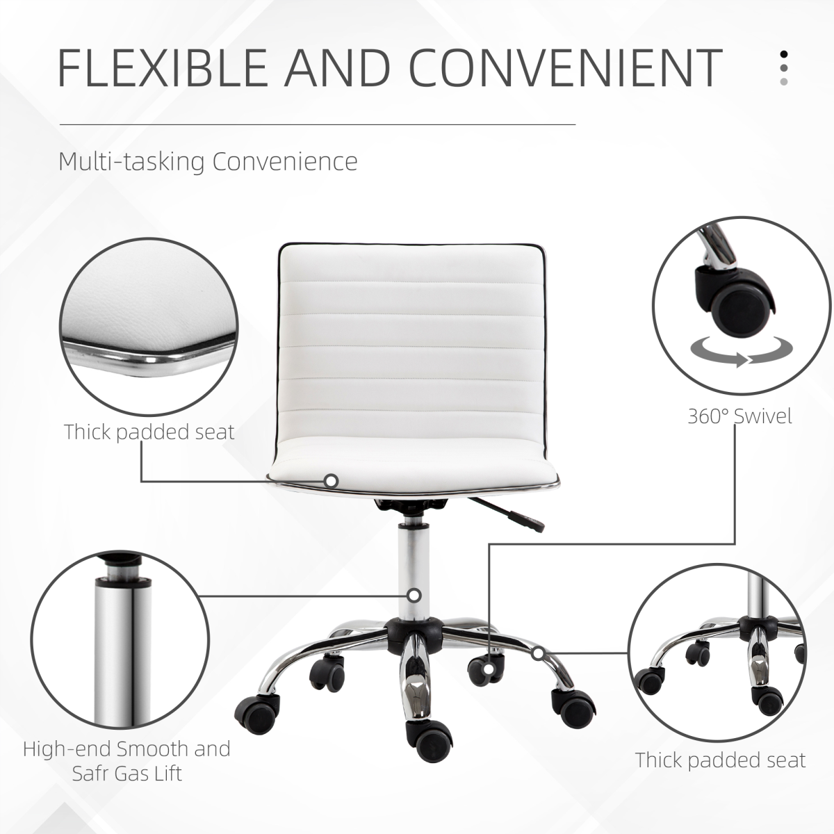 Armless Mid-Back Adjustable Height 360 Swivel PU Leather Office Chair with Casters, White
