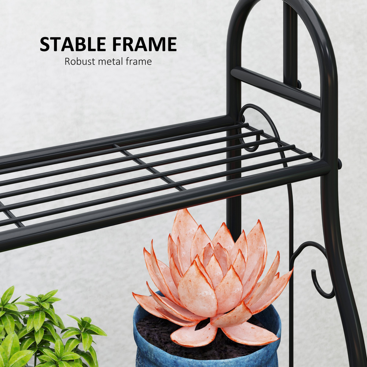 Outsunny 3-Tier Black Metal Plant Stand with Hanging Hooks