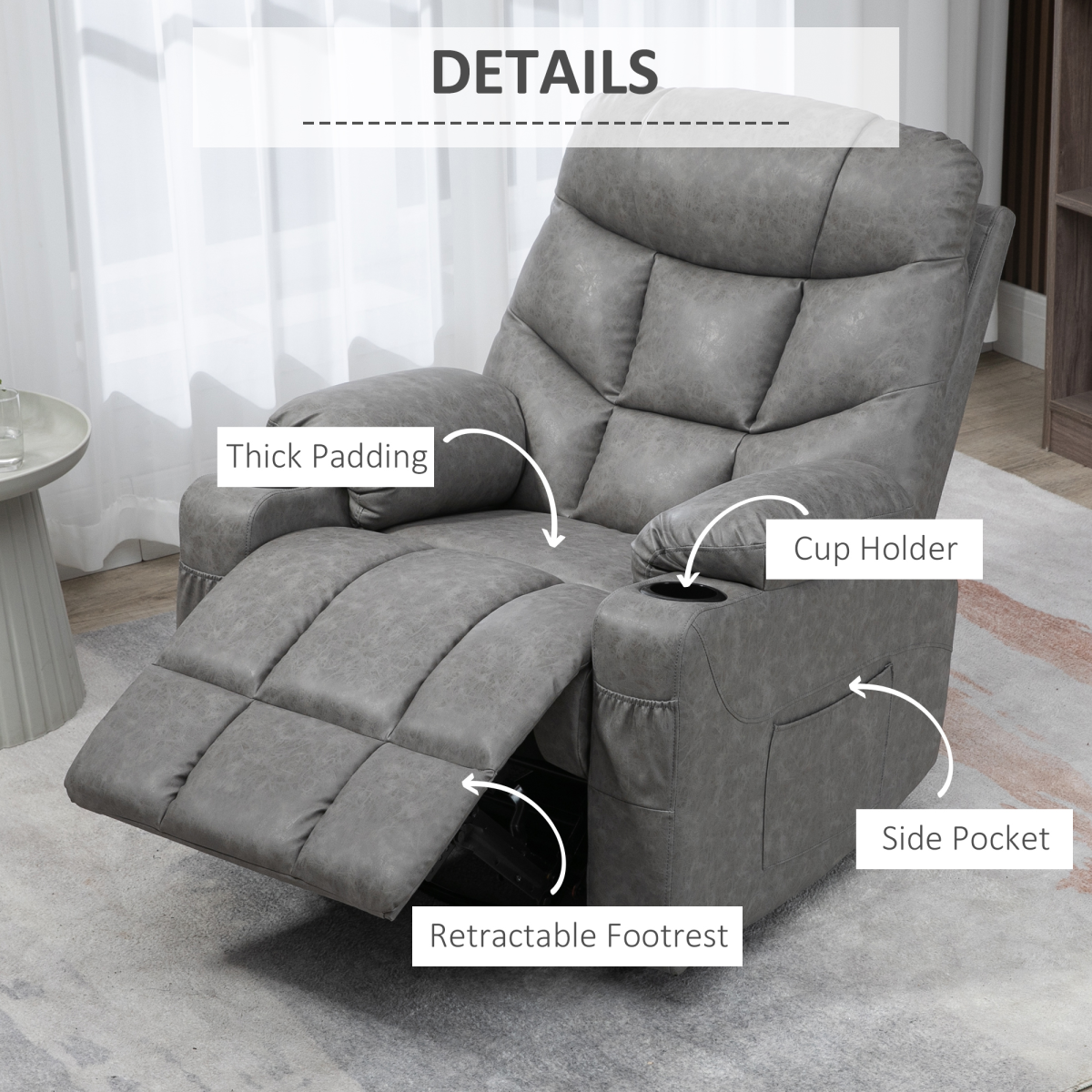 HOMCOM PU Leather Manual Recliner Chair with 360 Degree Swivel, Cup Holders and Side Pockets