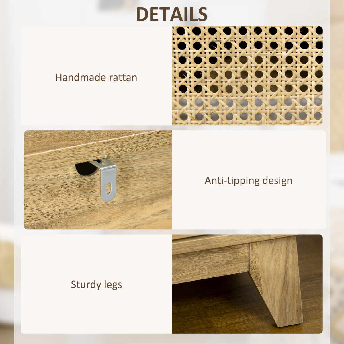 HOMCOM Bedside Table with Drawer, Shelf and Rattan Panel