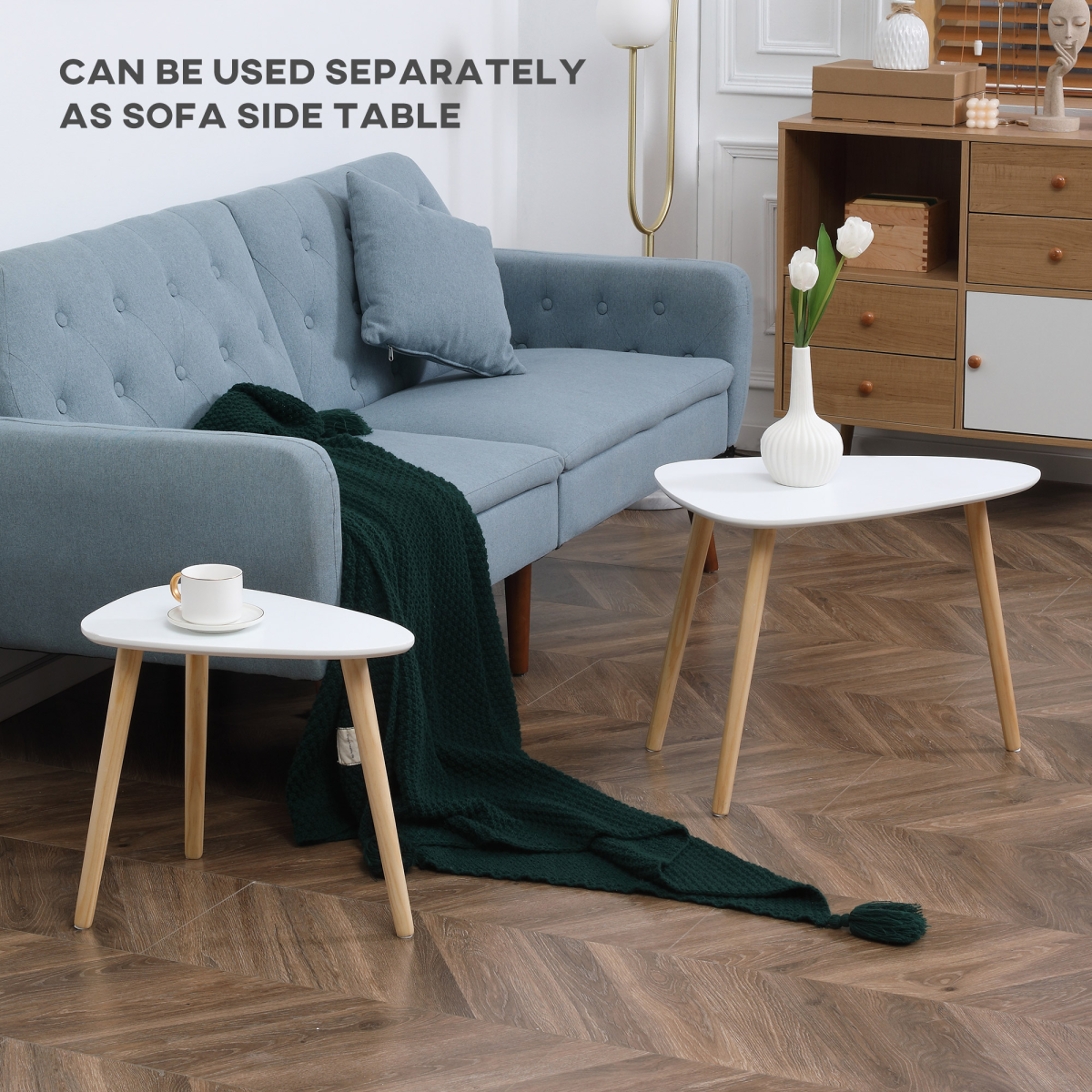 Set of 2 White Nesting Side Tables with Wooden Legs for Living Room