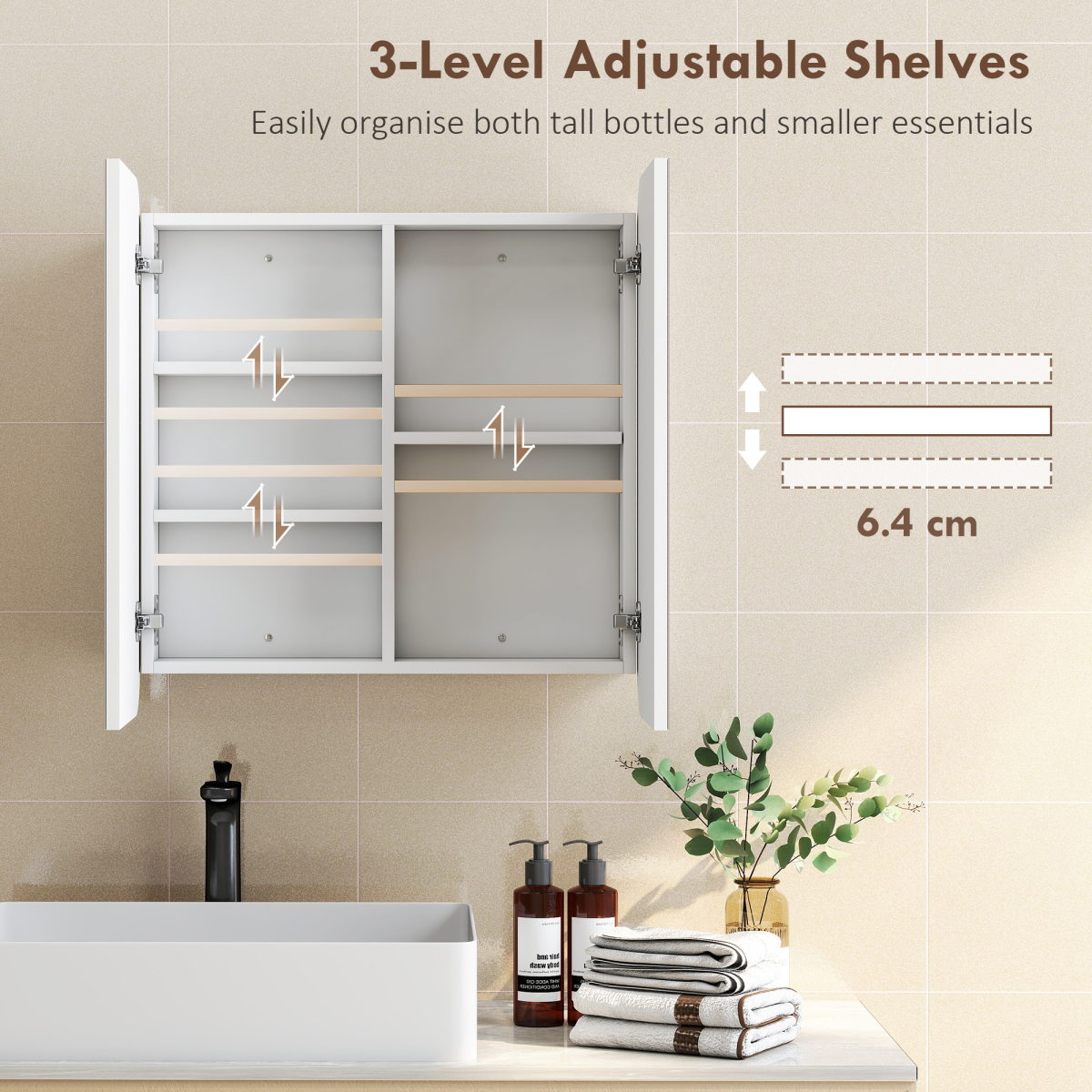 HOMCOM Arched Wall-Mounted Bathroom Mirror Cabinet, White