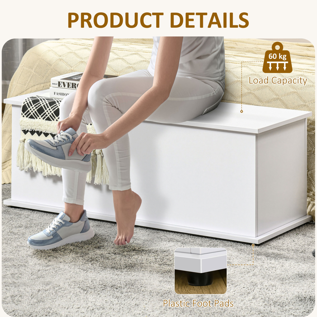 White Storage Chest with Lid, Spacious 60kg Capacity