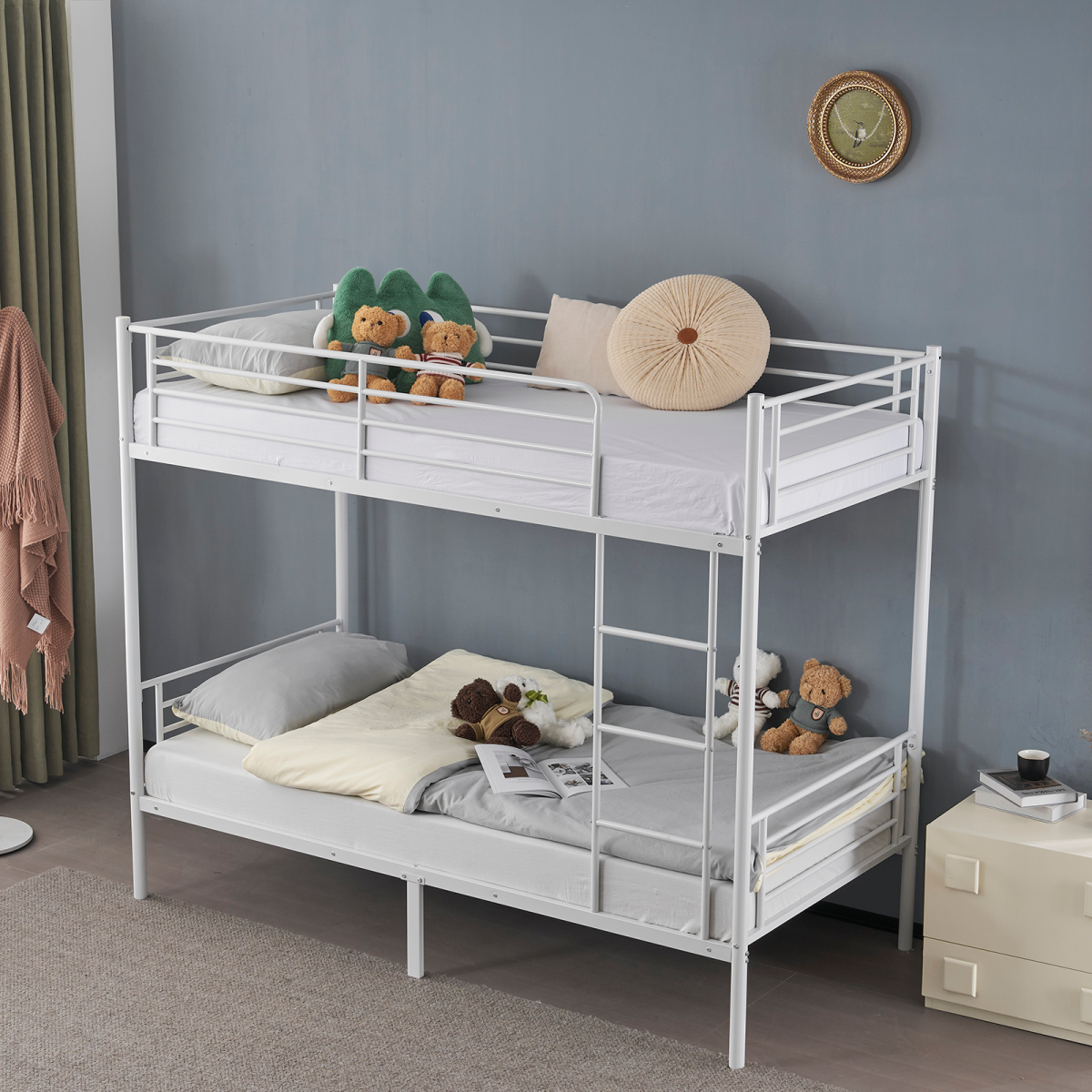 【Same Code:99091194】Twin Over Twin Bunk Bed for Kids Teens Adults, Heavy Duty Metal Bunk Bed with Ladder & Full-Length Guard Rail & Storage Space, White