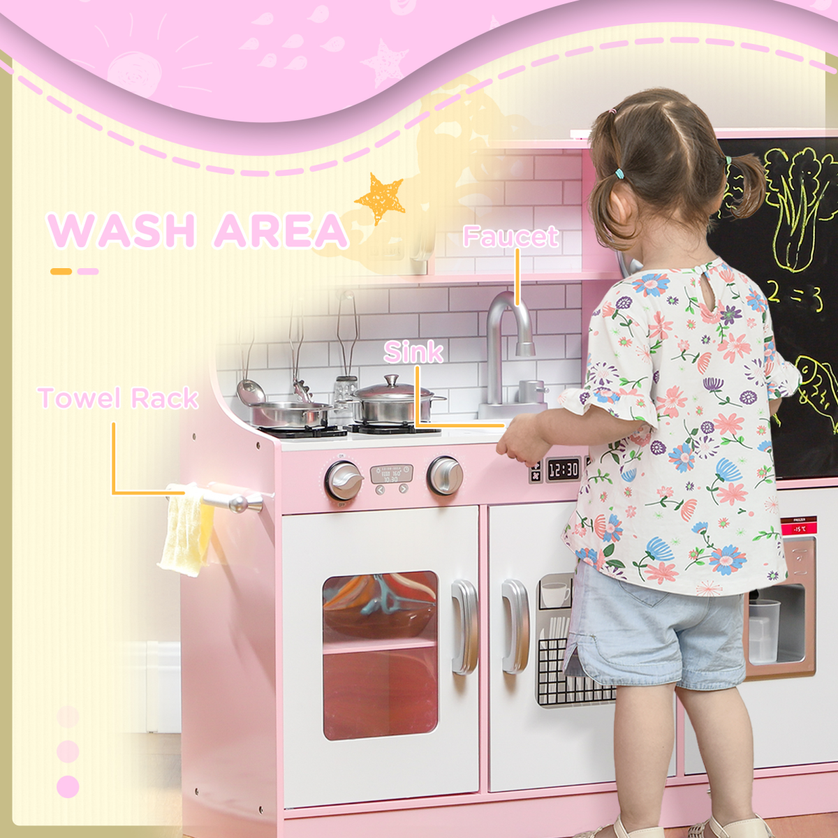AIYAPLAY Kids Play Kitchen Set with Phone, Chalkboard, Sink & Ice Maker