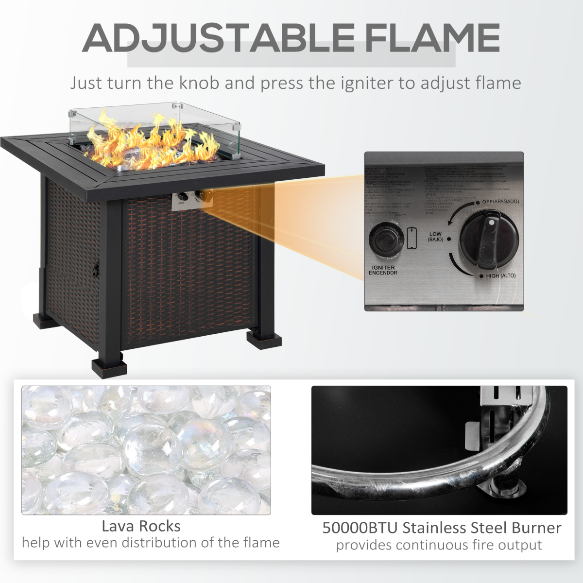 Outdoor Propane Gas Fire Pit Table with Glass Wind Screen and Glass Beads, Black, 50000 BTU, Outsunny