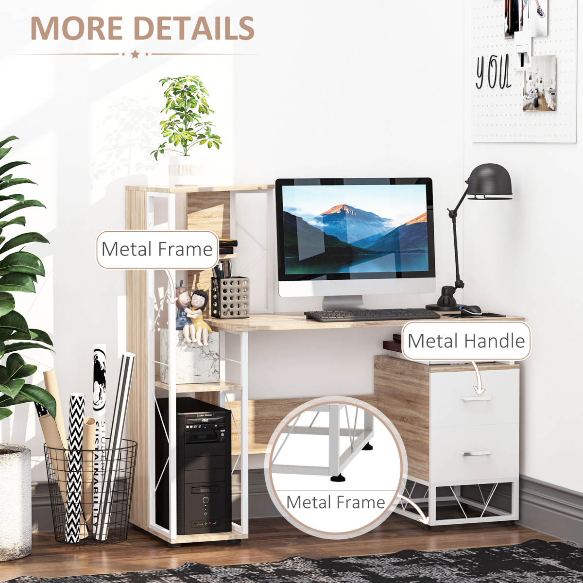 HOMCOM Workstation Computer Writing Desk with 2 Drawers and Multi-Shelves, Oak/White