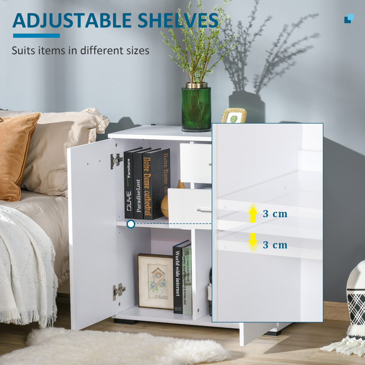 White High Gloss Shoe Cabinet Storage Cupboard with Adjustable Shelf and 2 Drawers
