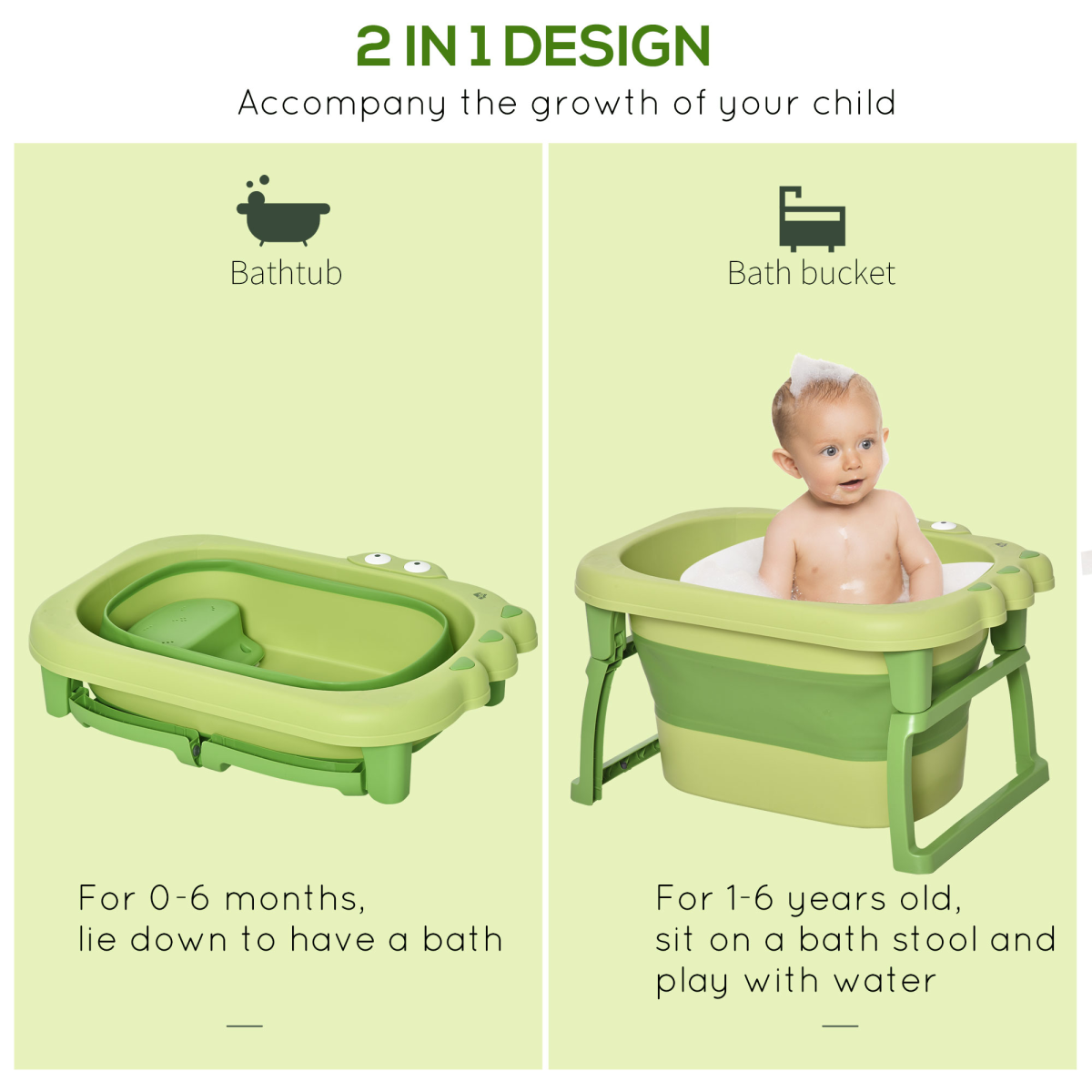Foldable Baby Bathtub with Stool for 0-6 Years - Green