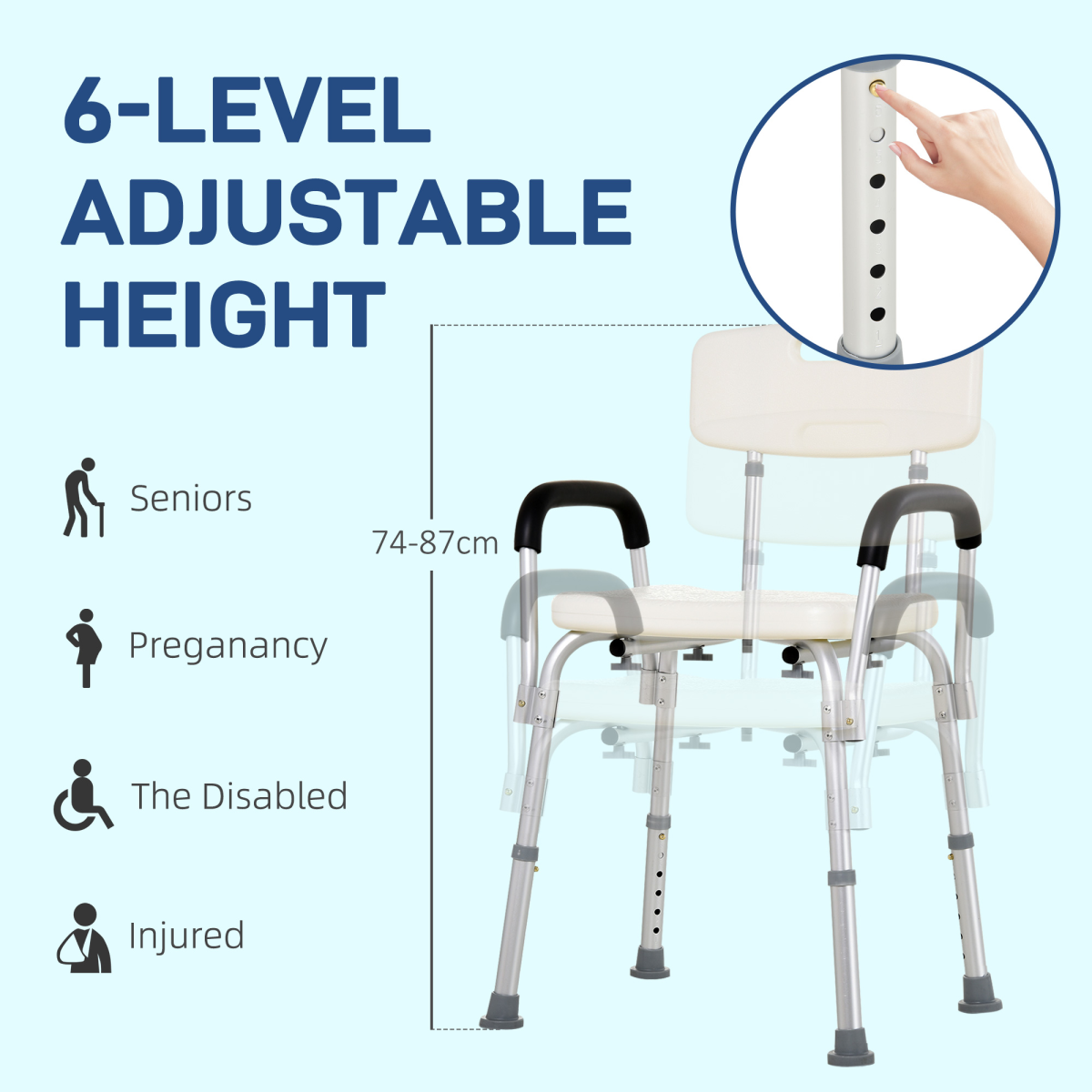 HOMCOM Height Adjustable Aluminum Shower Chair with Removable Back Support, Padded Armrests, Padded Handles, Non-Slip Tips, 135kg Capacity
