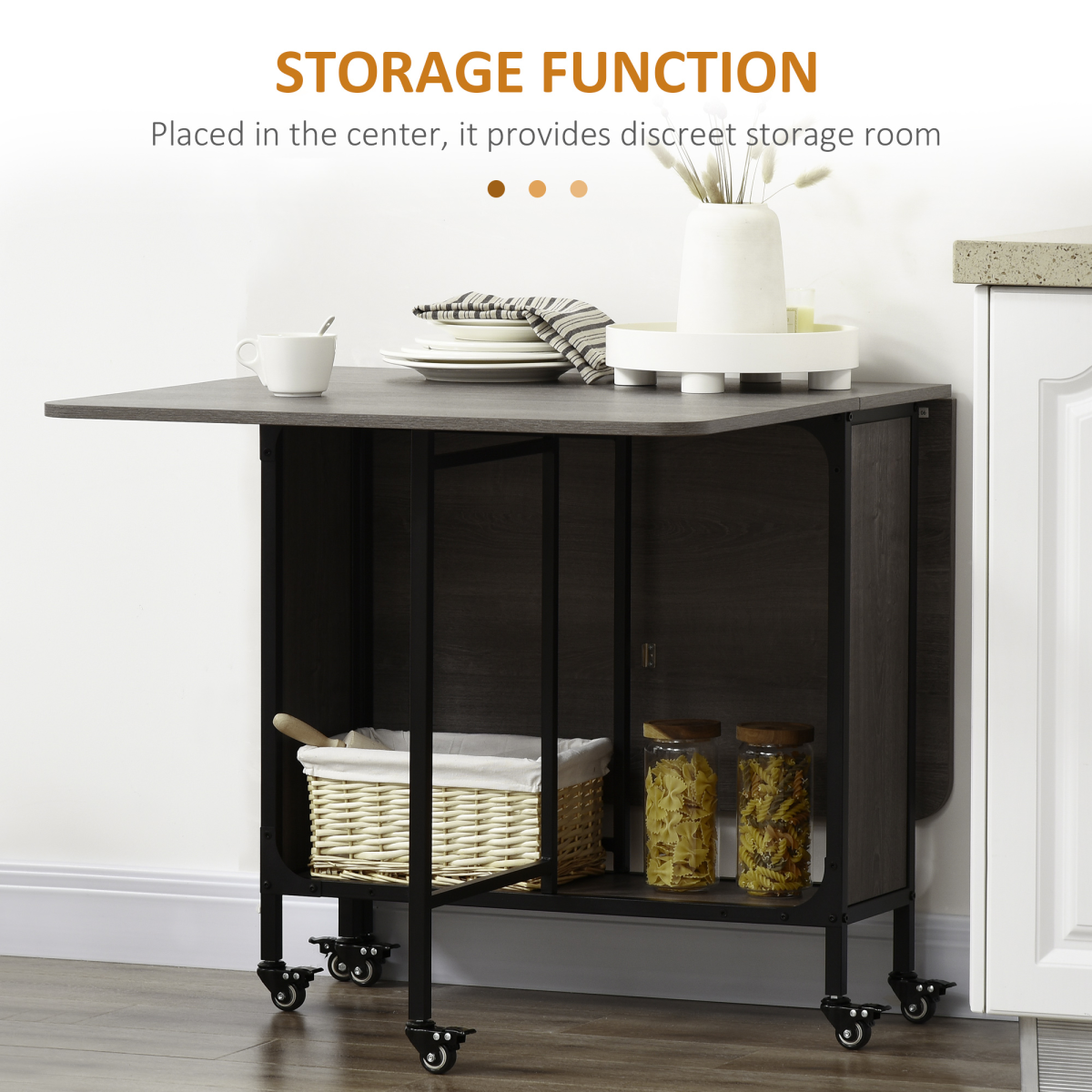 HOMCOM Mobile Drop Leaf Dining Table with Storage Shelf and Lockable Wheels