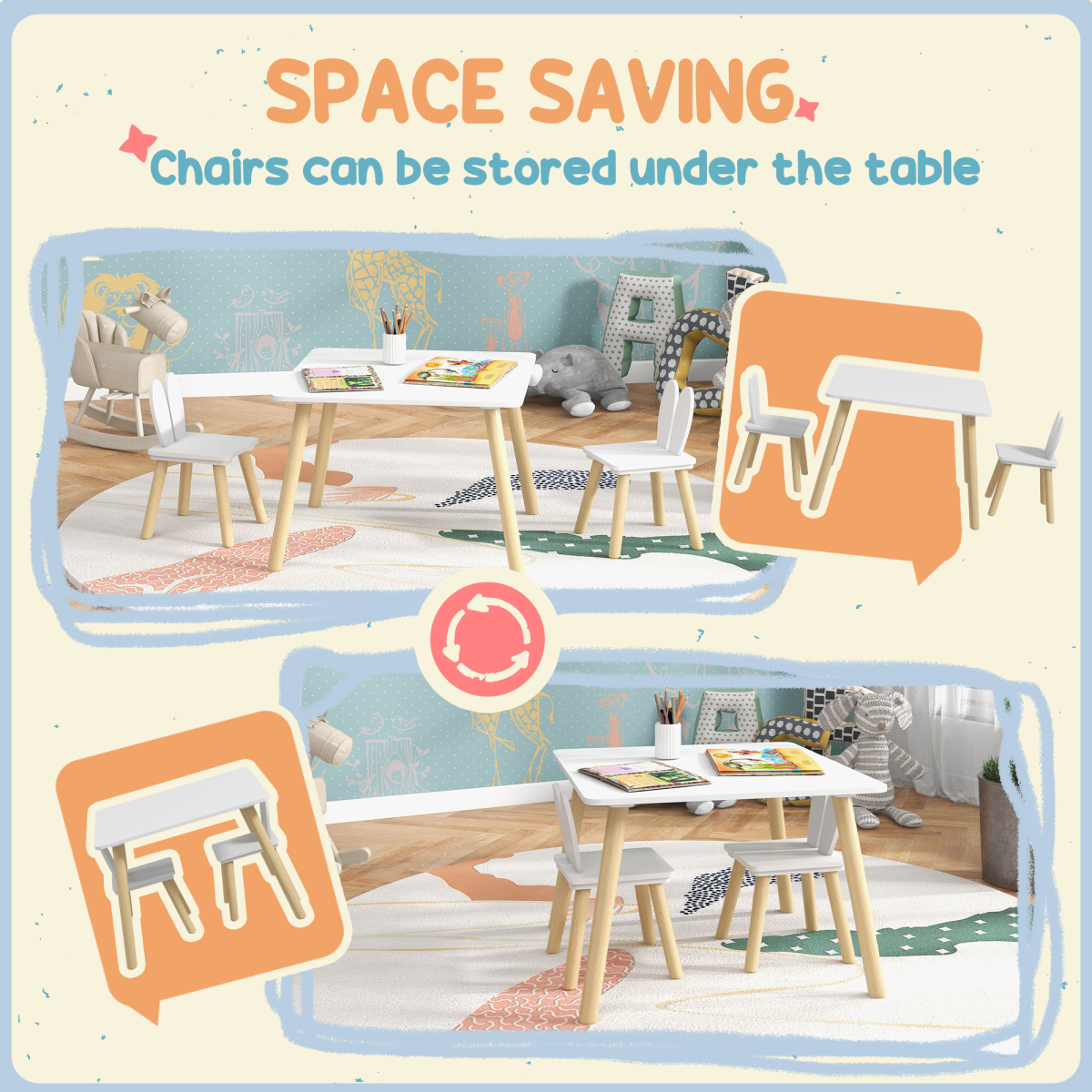 AIYAPLAY 3-Piece Toddler Table and Chair Set, Bunny Ear Design