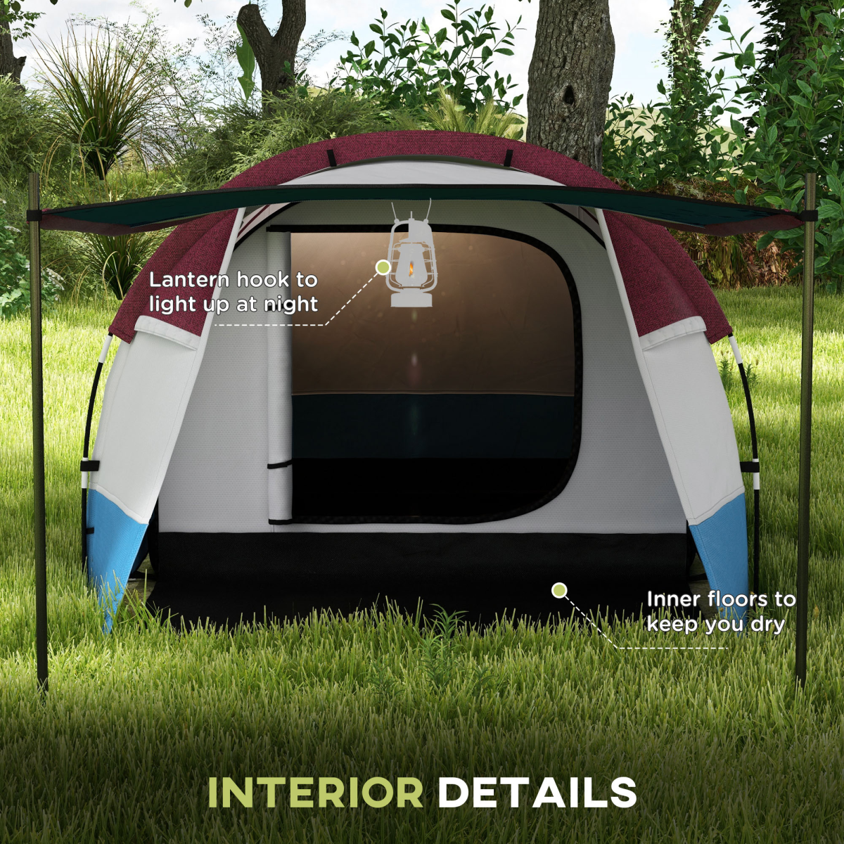 Outsunny 3-Person Camping Tunnel Tent with Bedroom and Living Room, Red