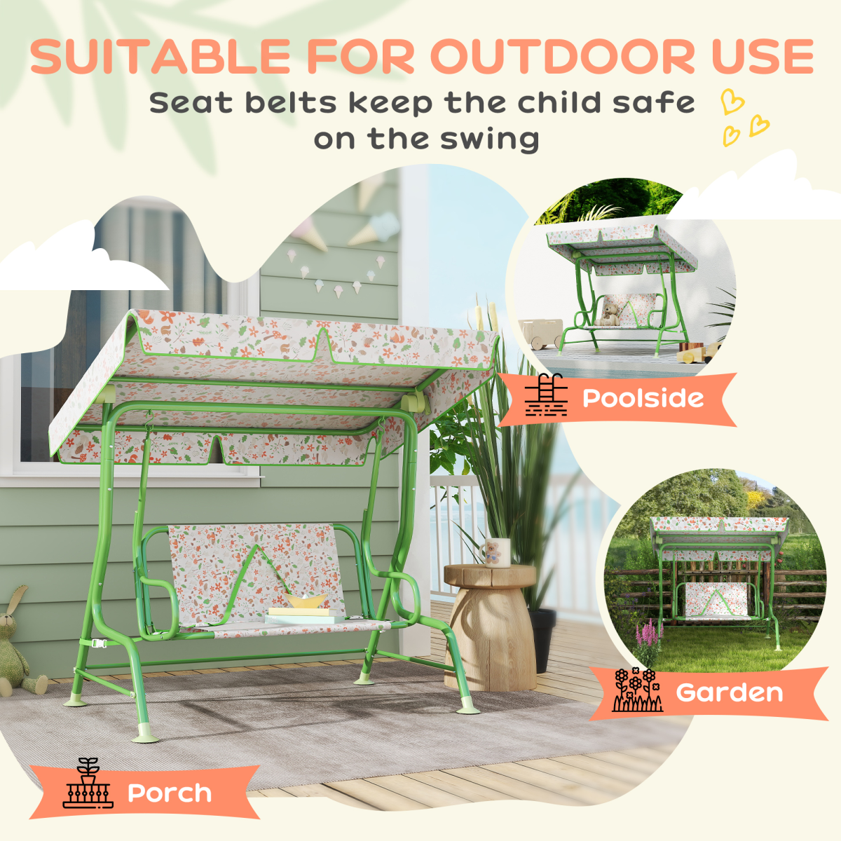 Kids Fox Pattern Swing Seat with Adjustable Canopy