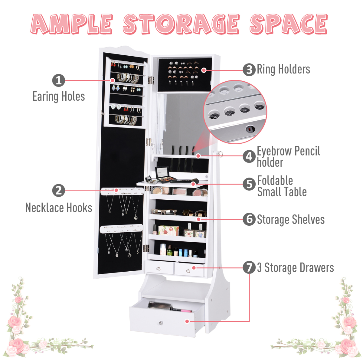 Freestanding Mirrored Jewelry Cabinet Armoire with Lock and LED Light, White