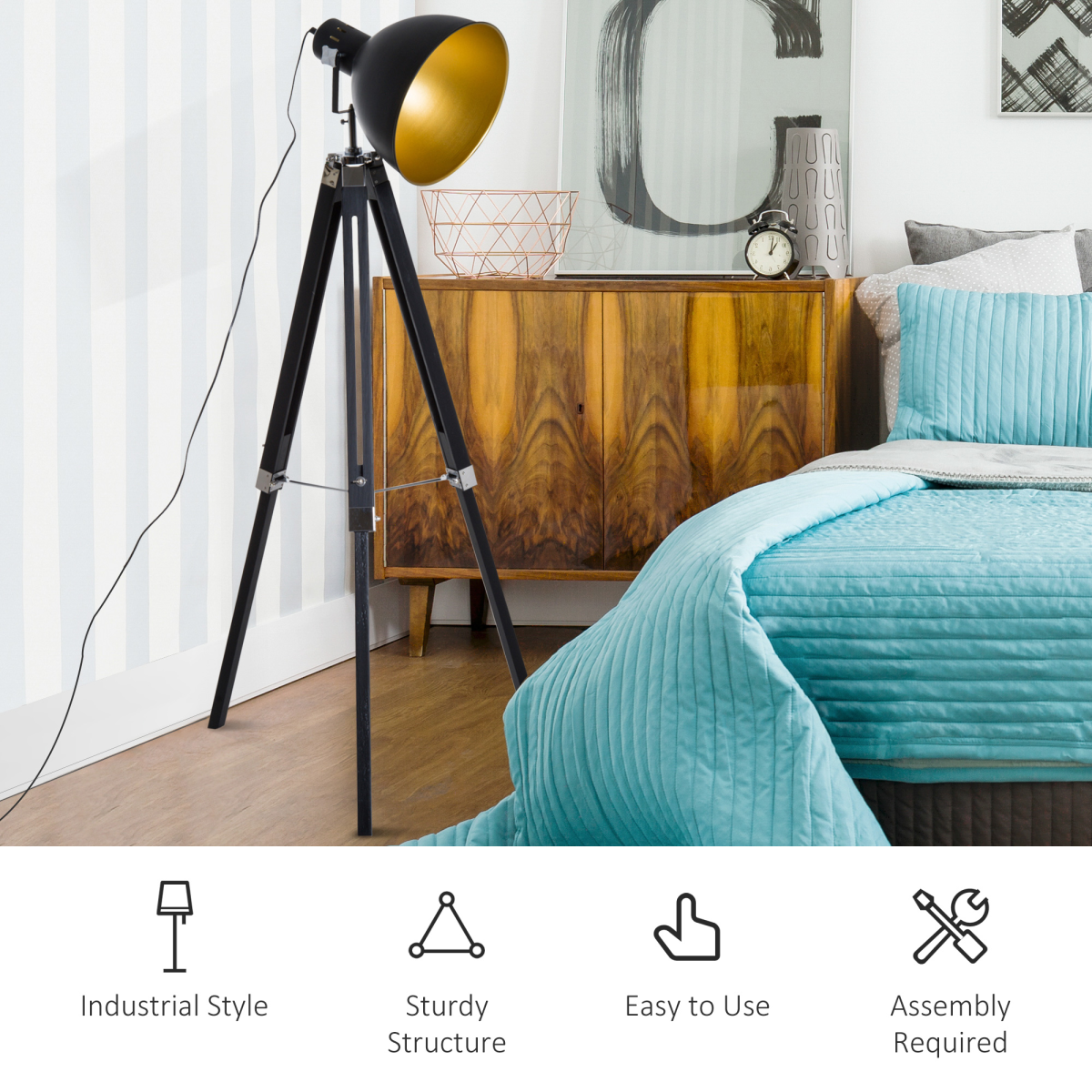 HOMCOM Retro Tripod Floor Lamp with Dome Shade, Pine Wood Legs, Adjustable Height, Black/Gold