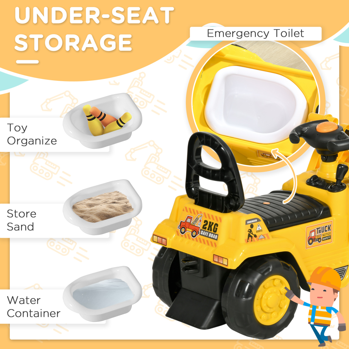 HOMCOM 3-in-1 Toddler Ride-On Bulldozer Scooter with Storage